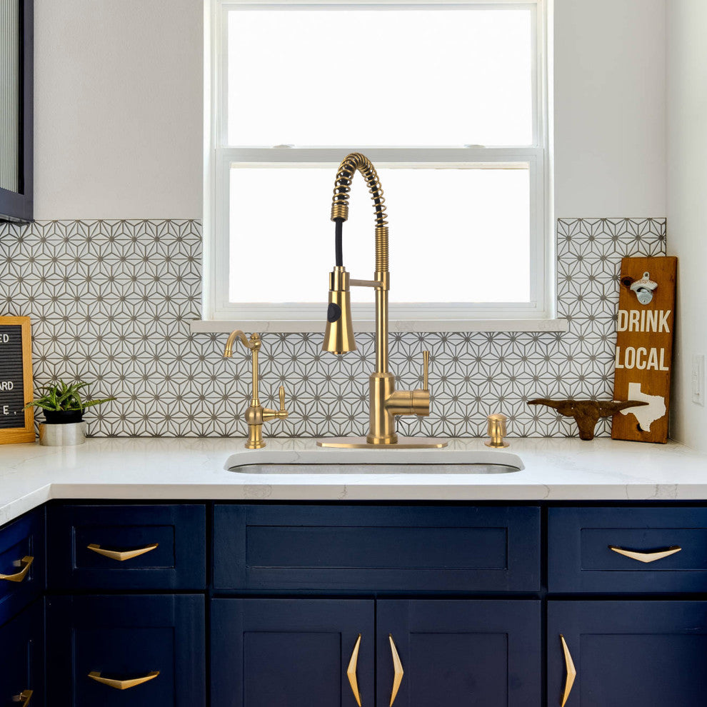 Copper Pre-Rinse Spring Kitchen Faucet with Pull Down Sprayer, Brushed Gold