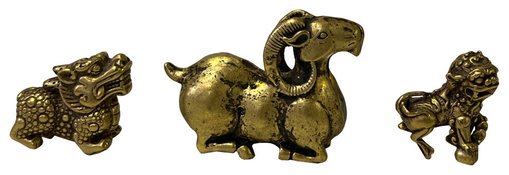 Set of 3, Chinese Copper Color Metal Ram Dragon Lion Fengshui Figures Hws2417