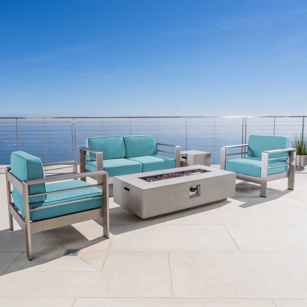 5-Piece Coral Bay Chat Set With Fire Pit, Canvas Aruba Sunbrella/Silver/Light Gray