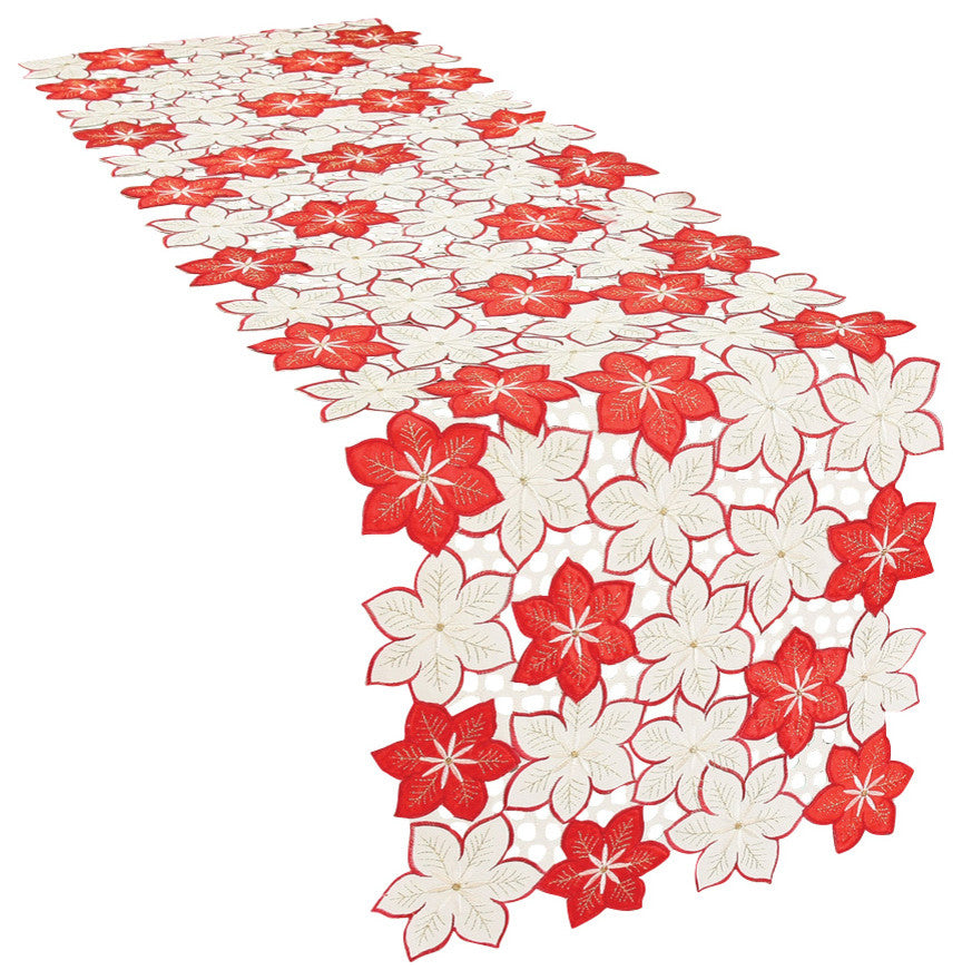 Candy Cane Poinsettia Embroidered Cutwork Christmas Table Runner, 15''x54''