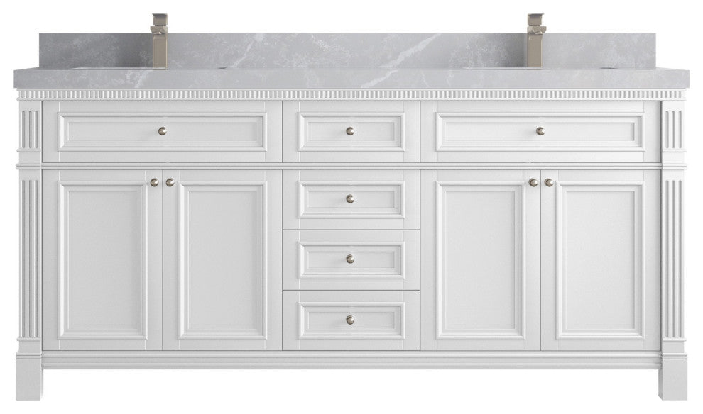 Paris 72" Double Sink Bathroom Vanity, White 2" Pearl Gray