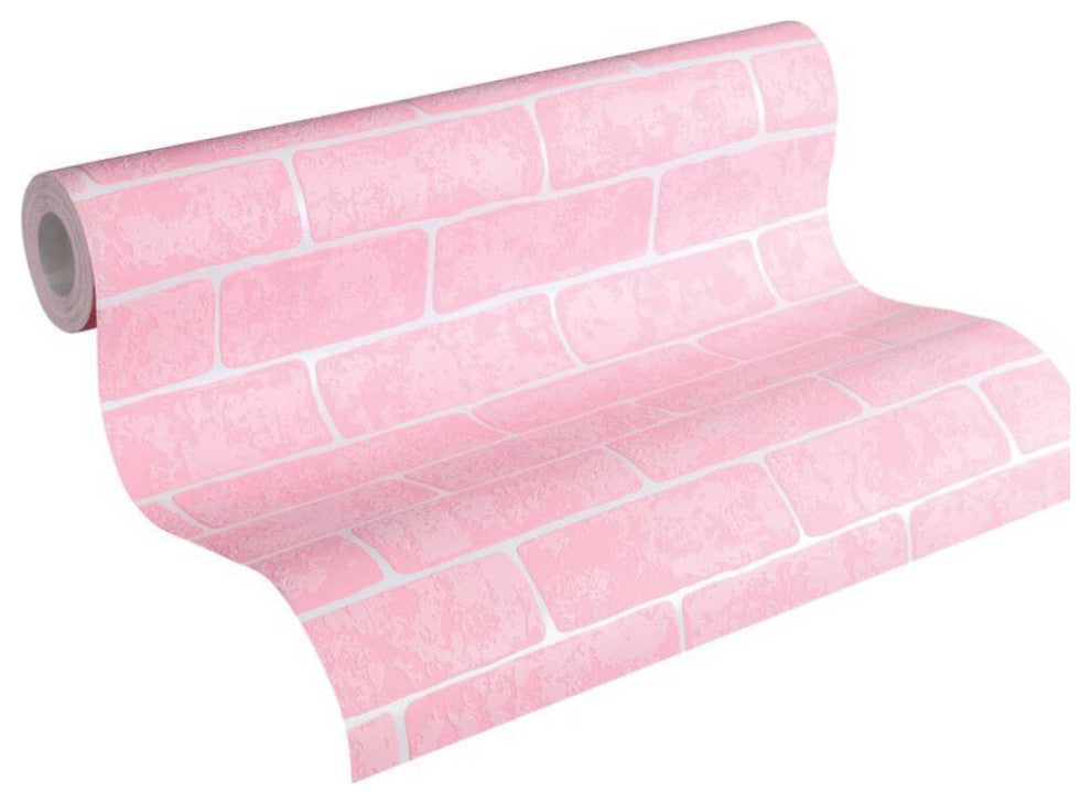 Faux Textured Wallpaper, Stone Wall, 359812, Pink, One Roll