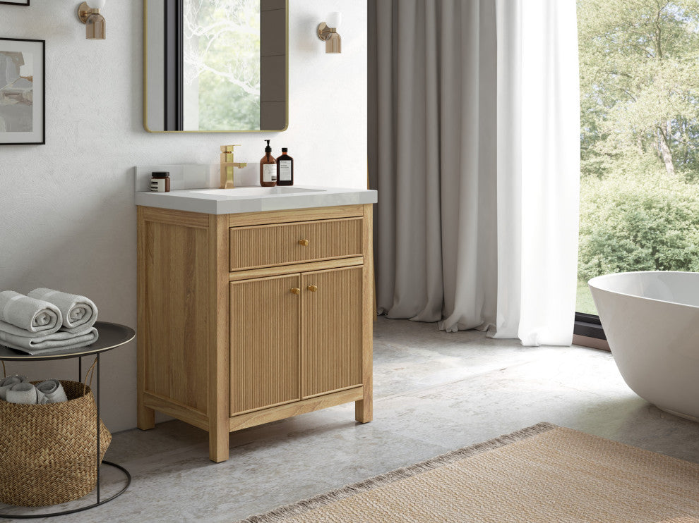 Sonoma 30 Single Sink Bath Vanity in Light Natural Teak with 2" Calacatta Nuvo