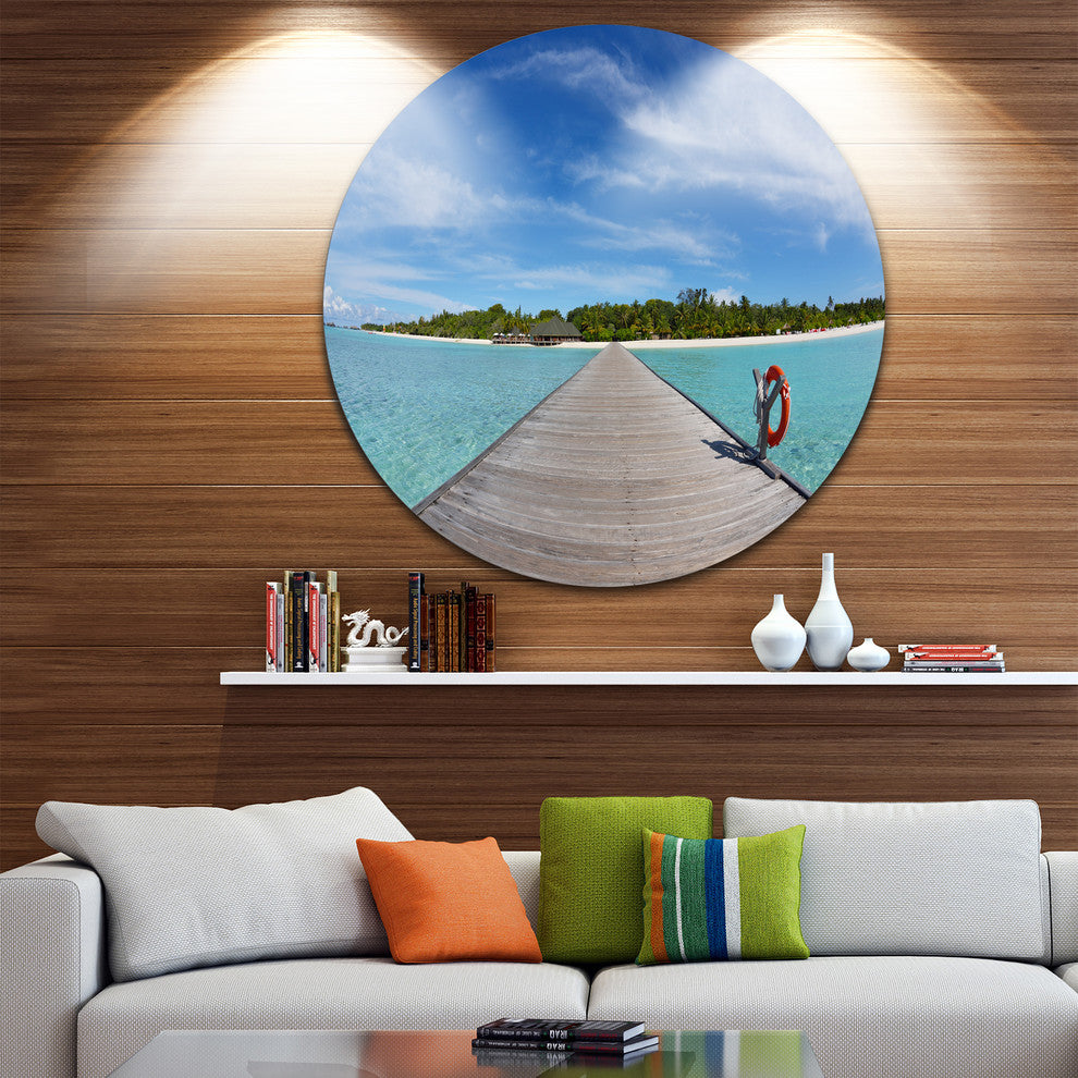 Wooden Pier At Tropical Beach, Wooden Sea Bridge Disc Artwork, 36"