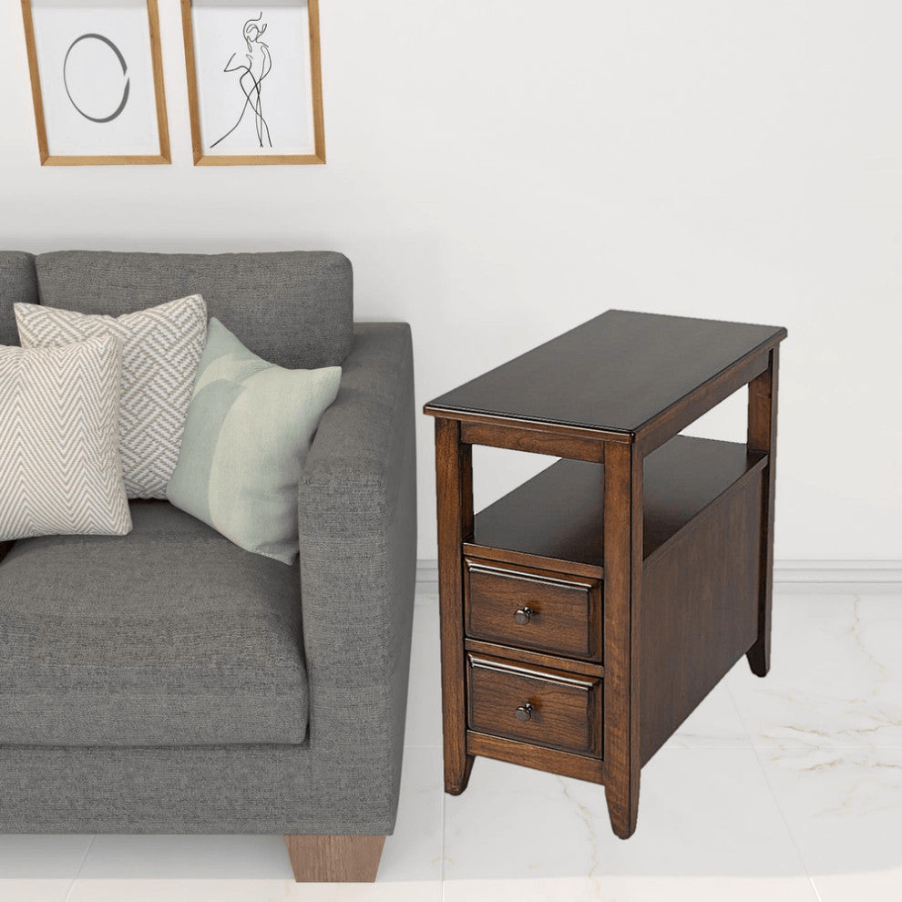 24" Cherry Brown Narrow End Table With Two Drawers And Shelf