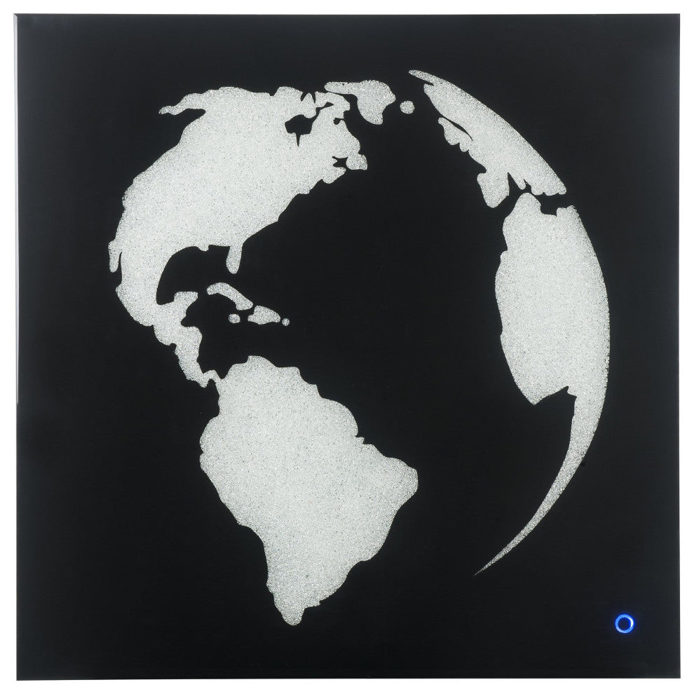 Benzara BM232520 Rectangular World Wall Art With LED, Black and Silver