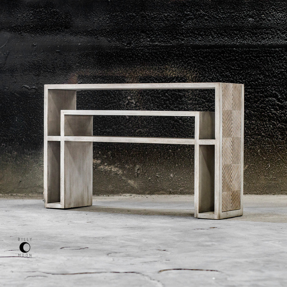 Mid Century Modern Carved Geometric Console Table Diamond Pattern Aged White