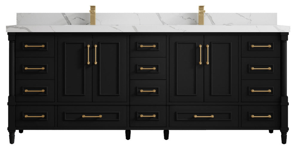 Aberdeen 84 Double Sink Bath Vanity in Black 2" Calacatta Laza