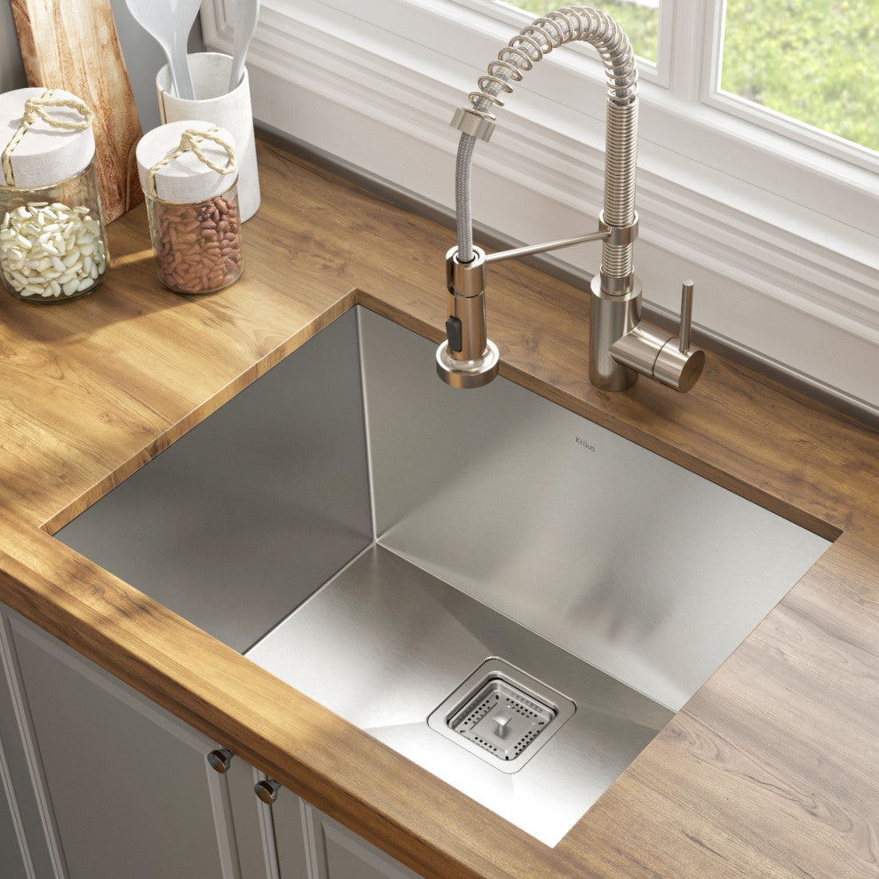 24" Undermount Stainless Steel Kitchen Sink, Pull-Down Faucet SS, Dispenser