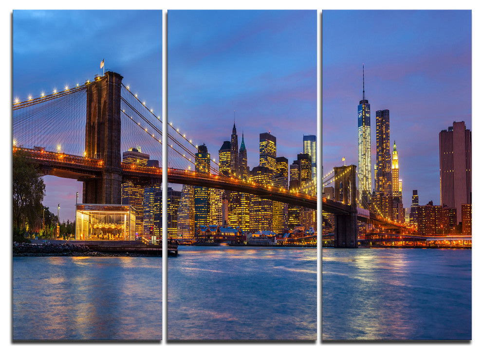 "Brooklyn Bridge With Lights and Reflections" Metal Wall Art, 3 Panels, 36"x28"