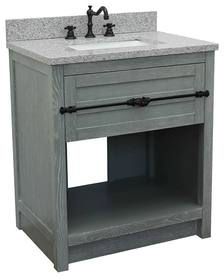30" Single Vanity, Gray Ash, Gray Granite Top, Rectangle Sink