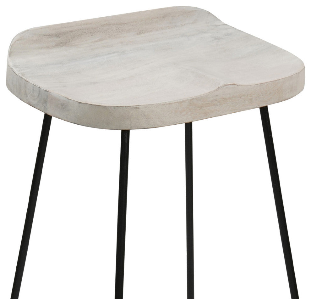 Tiva 30" Handcrafted Backless Barstool, Whitewashed Mango Wood Saddle Seat