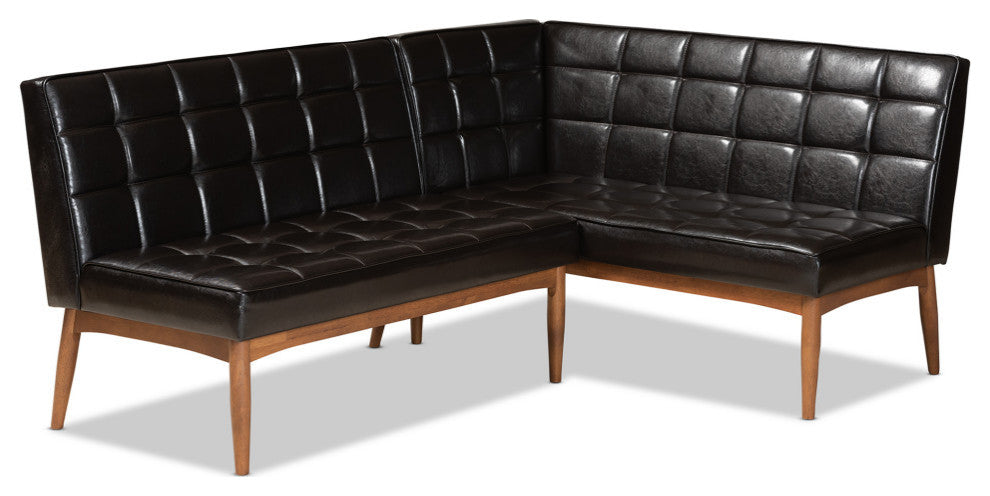 Devin Midcentury Modern 2-Piece Dining Banquette Seat, Dark Brown Faux Leather