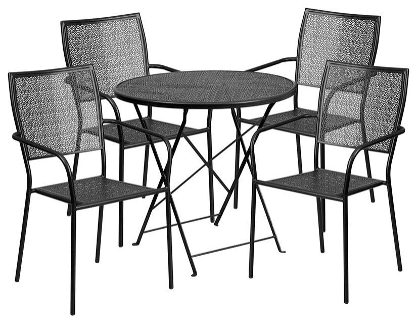 30'' Round Black Indoor-Outdoor Steel Patio Table Set With 4 Square Back Chairs
