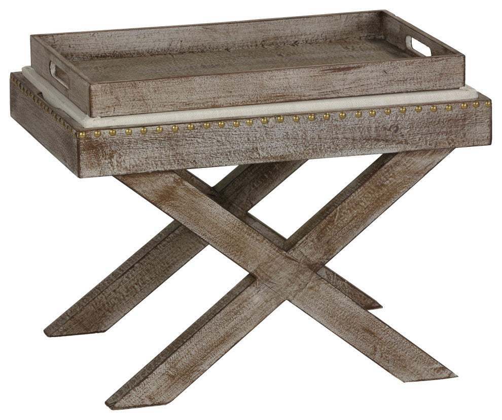 Cortesi Home Lupin Distressed Wood Tray Top Ottoman with Beige Fabric Top