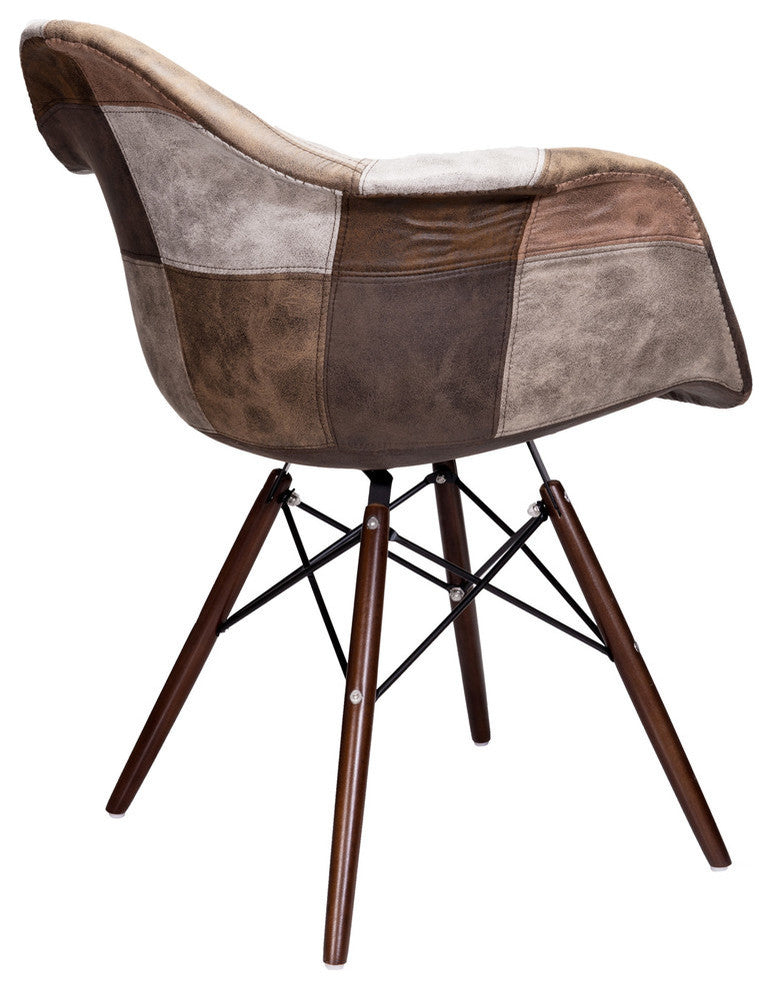 Patch Leatherette Fabric Upholstered DAW Arm Chair, Dark Walnut Leg, Brownwork