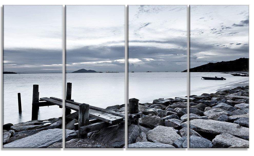 Small Sea Bridge from Rocky Beach, Landscape Canvas Art Print, 48"x28", 4 Panels