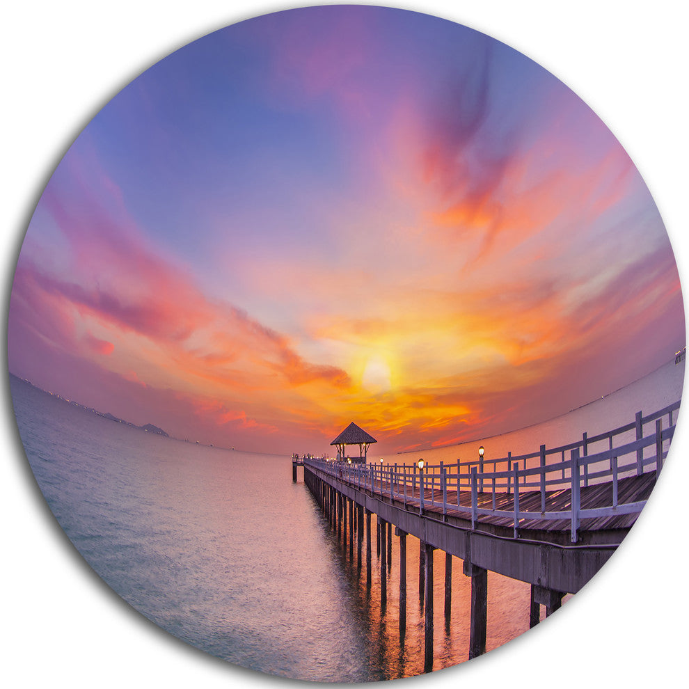 Wooden Bridge Long Into The Ocean, Sea Pier Disc Metal Wall Art, 36"