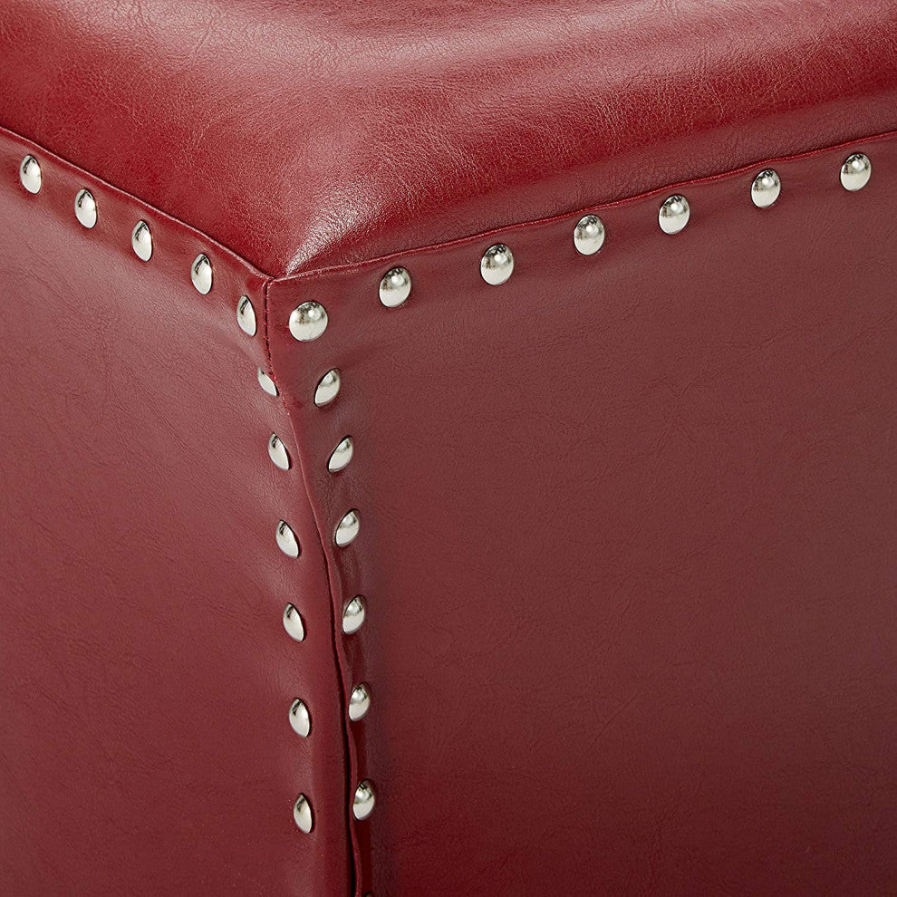 Rylen Nailhead Trim Upholstered Square Stool Ottoman, Red