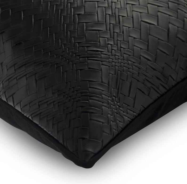 Textured Black Faux Leather & Suede 18"x18" Pillow Cover, Black Diamond