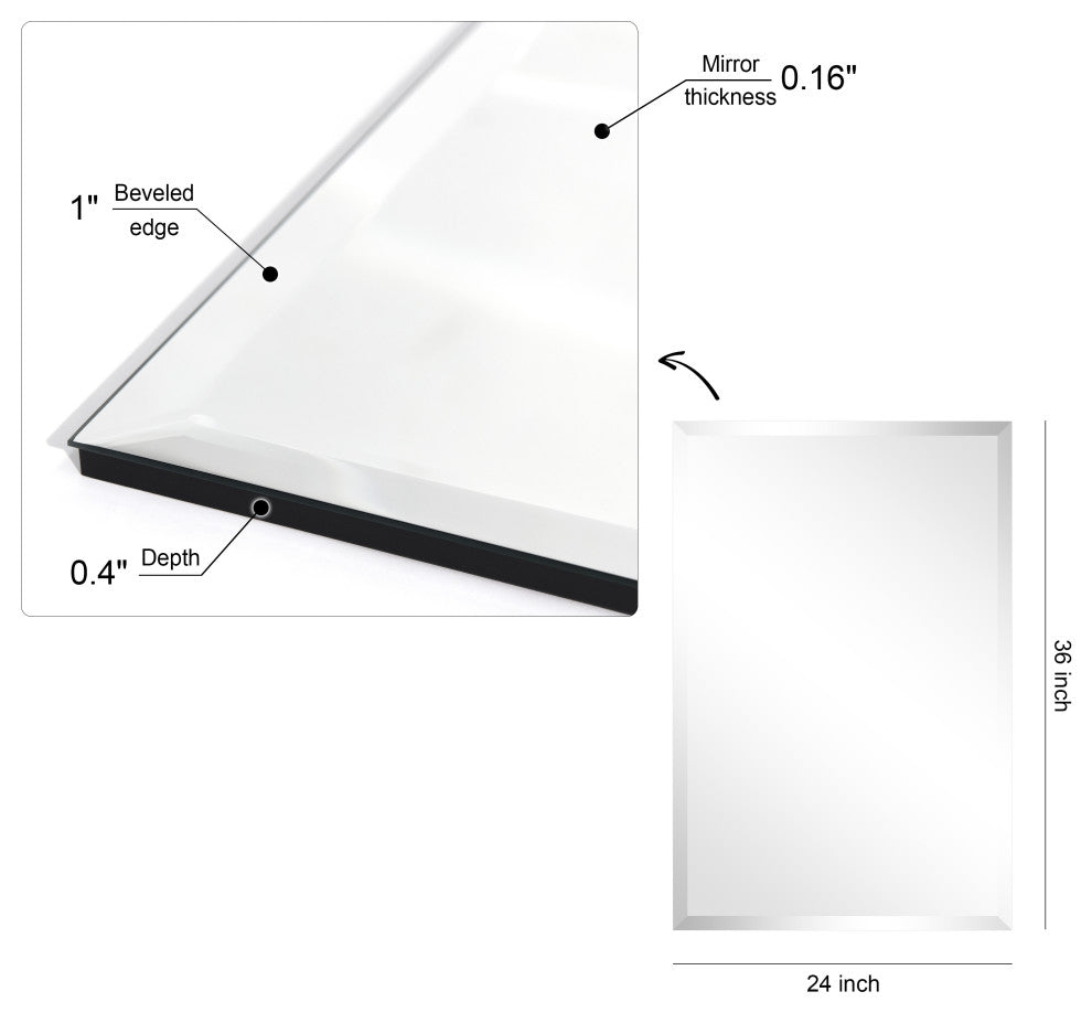 Frameless Beveled Prism Rectangle Wall Mirror, 1" Beveled Edge, 36"x24"