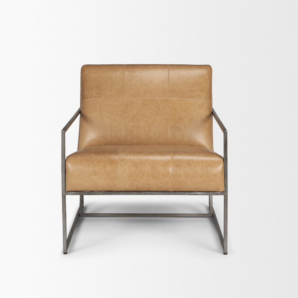 Stratton Gunmetal With Genuine Brown Leather Upholstered Accent Chair