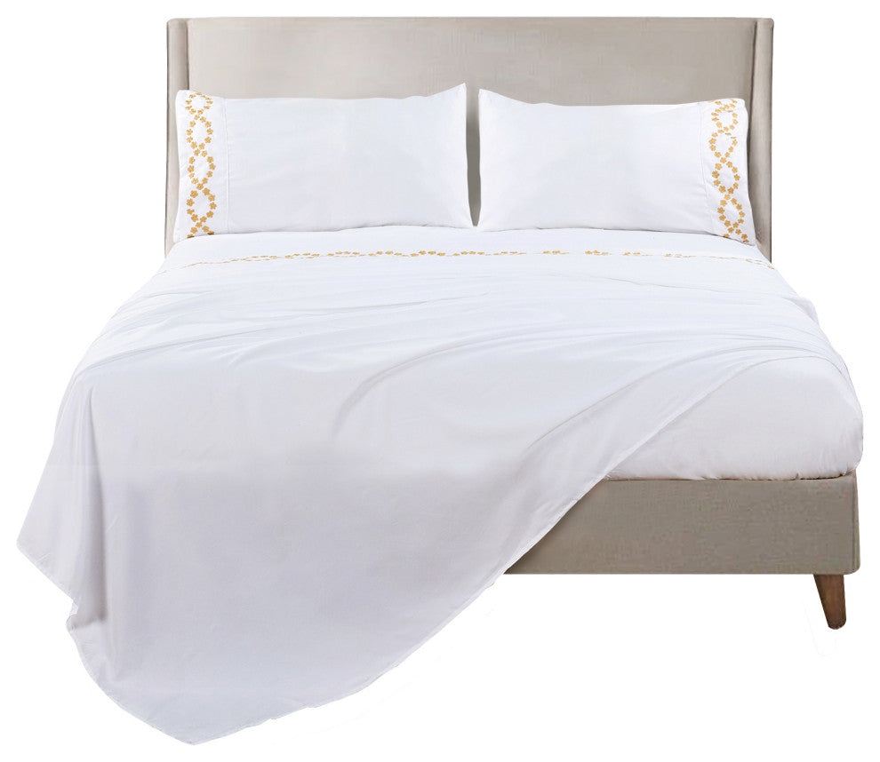 Serenta Puka Lei Embroidered 4 Piece Bed Sheet Set, White, King
