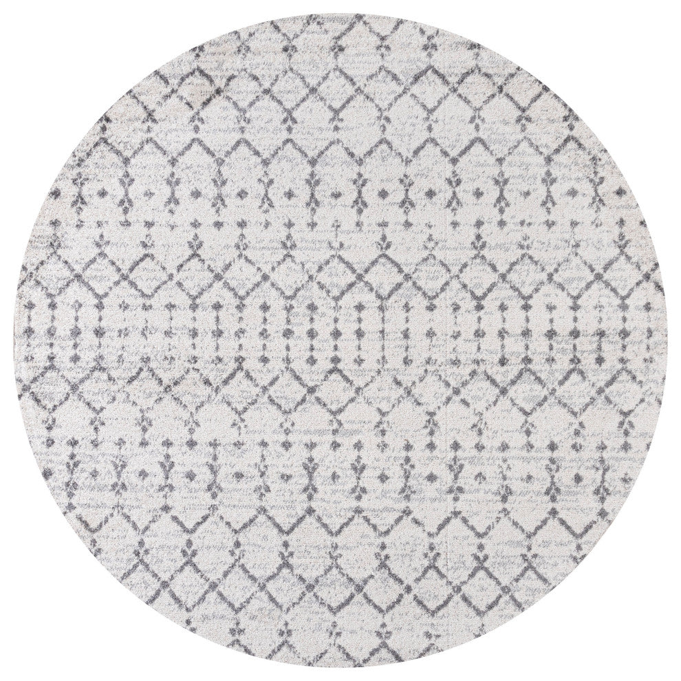 Moroccan HYPE Boho Vintage Diamond Runner Rug, Cream/Gray, 6' Round