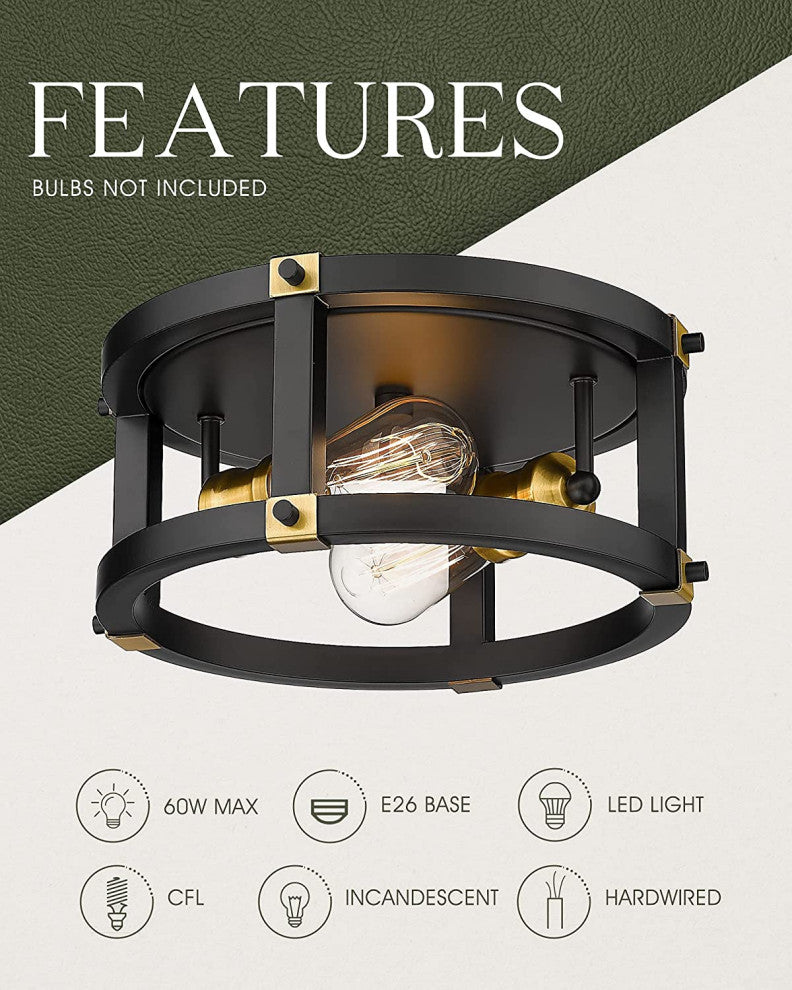 2 Light Industrial Close to Ceiling Light Fixture, Black Metal Frame