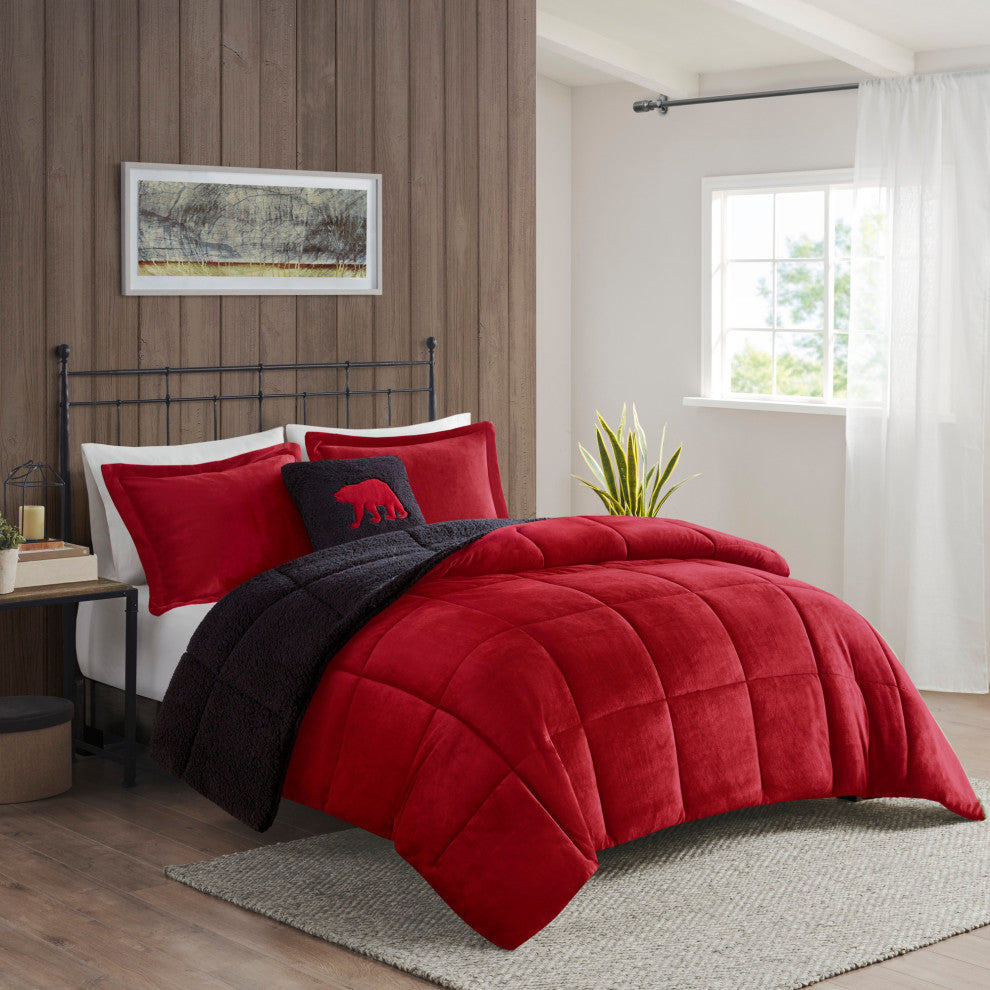 Woolrich Alton Plush to Sherpa Winter Comforter Set, Red, King