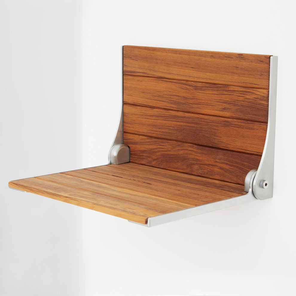 Silhouette Natural Teak Wood Folding Shower Bench Seat, Silver Frame