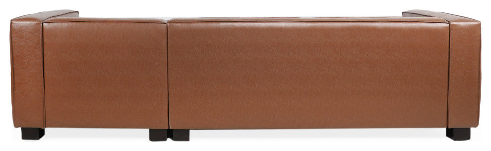 Minkler Contemporary Faux Leather 3 Seater Sofa With Chaise Lounge, Cognac/Dark Walnut