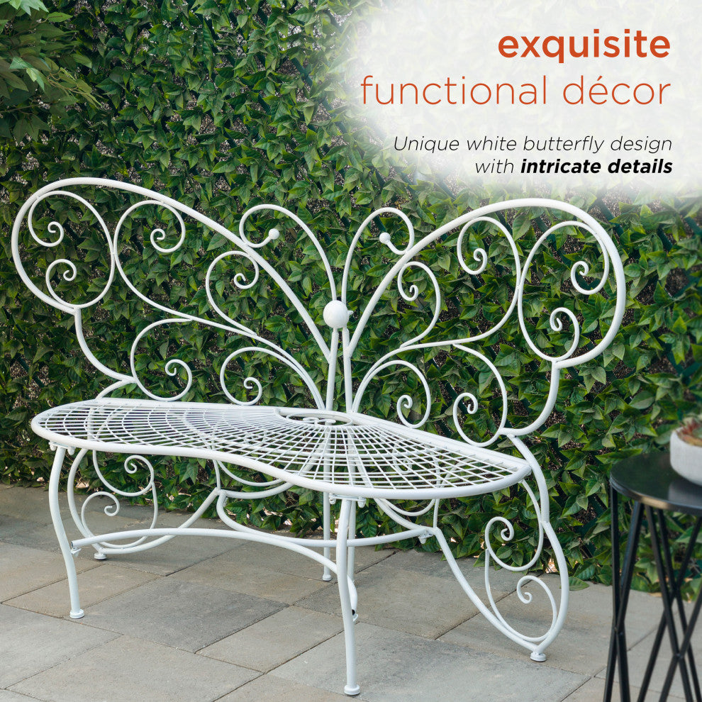 62"L Indoor/Outdoor 2 Person Metal Butterfly Shaped Garden Bench, White - Thumbnail 3
