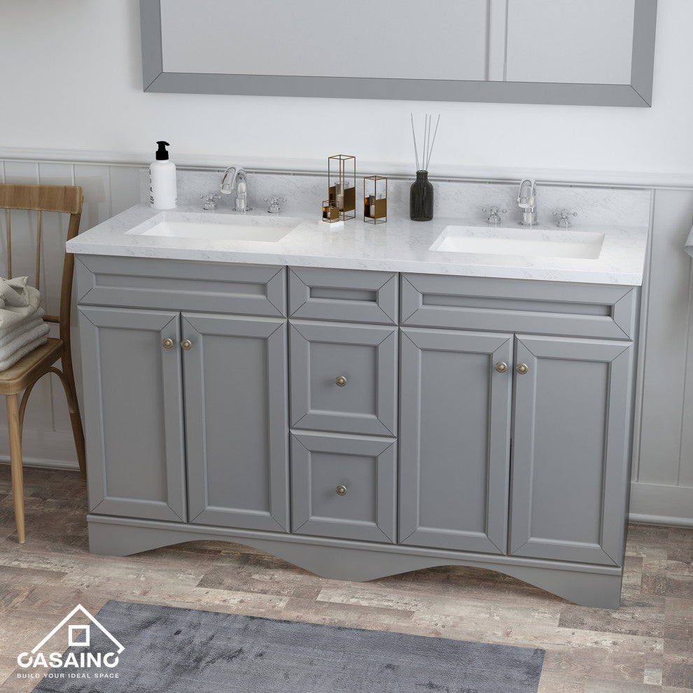 CASAINC 60" Marble Top Double Sink Bathroom Vanity with Mirror, Gray