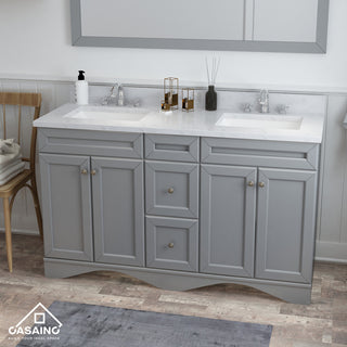 CASAINC 60" Marble Top Double Sink Bathroom Vanity with Mirror, Gray