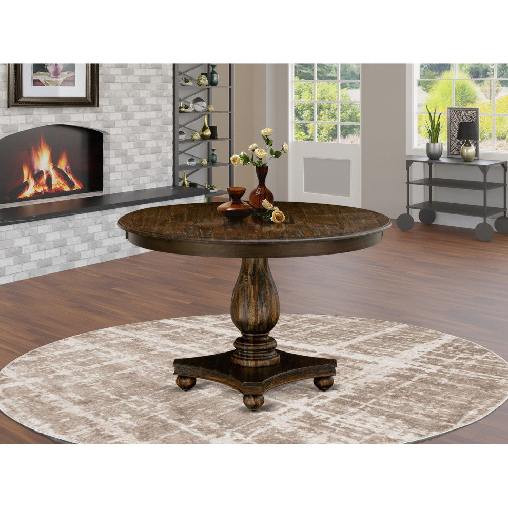 Round Dining Table, Rustic Rubberwood Table, Distressed Jacobean Finish, 48"