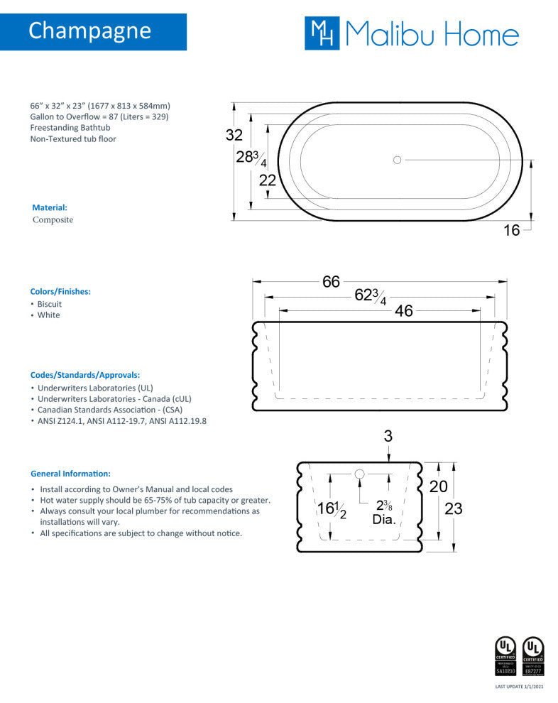 Malibu Champagne Oval Soaking Bathtub 66x32x23, White