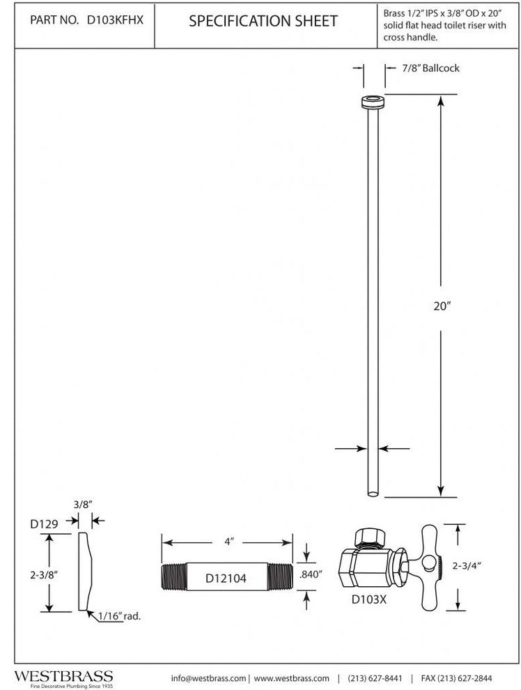 Toilet Kit - 1/2" Ips X 3/8" Od X 20" Flat Head In Polished Brass, Powder Coated Flat Black