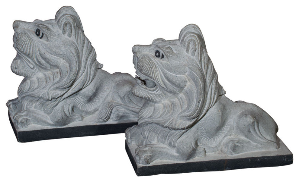 11"Stone Chinese Lion Couchant Statue Set