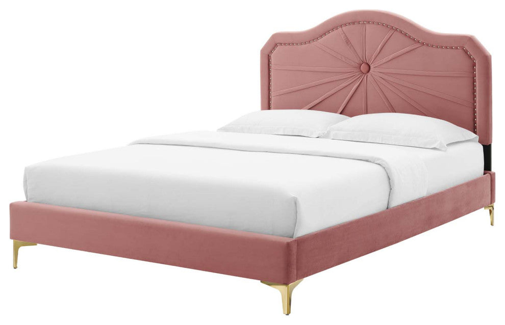 Platform Bed Frame, Twin Size, Velvet, Pink, Modern Contemporary, Bedroom Master