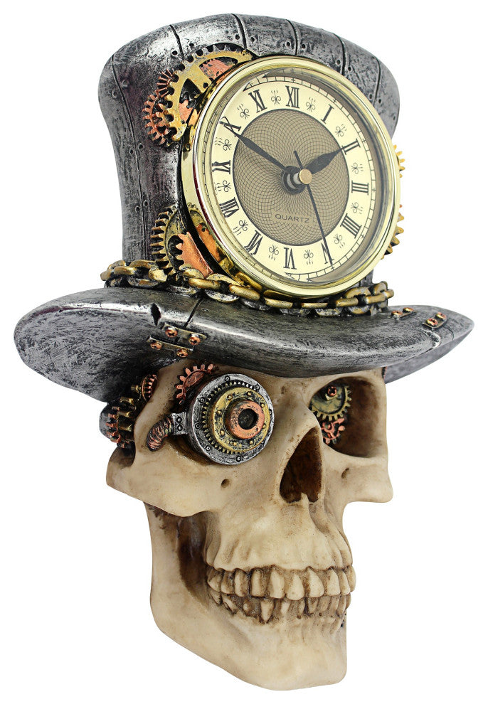 Steampunk Mad Hatter Skull Sculptural Wall Clock