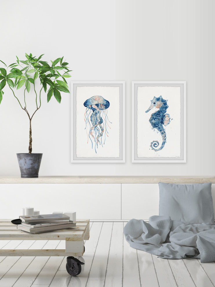 Jellyfish and Seahorse Diptych, 2-Piece Set, 8x12 Panels