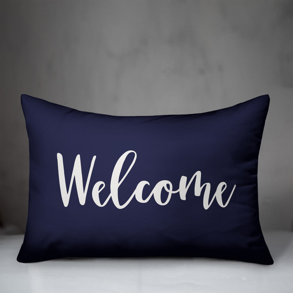 Welcome Lumbar Pillow, Navy, 14"x20"