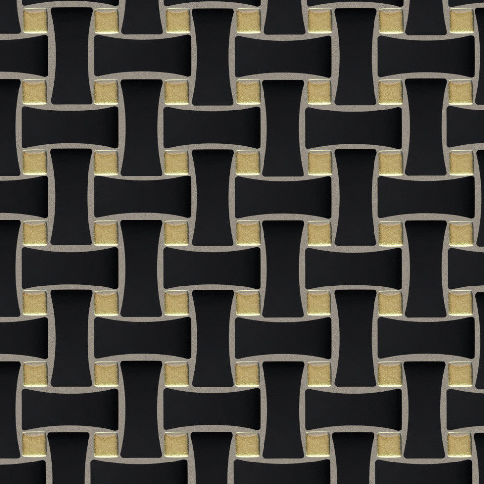 Metro Dog Bone Basketweave Matte Black w/Glass Gold Dot Porcelain Wall Tile