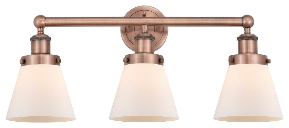 Edison Small Cone-3 Lt 25"Bath Vanity Lt-Antique Copper Finish-Matte White Shade