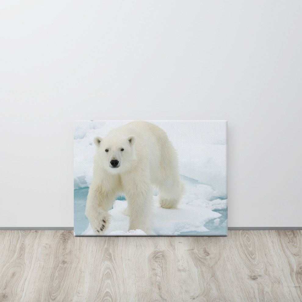 Giant White Polar Bear Walking On Icy Lake Wildlife Photo Canvas Wall Art Print, 18" X 24"