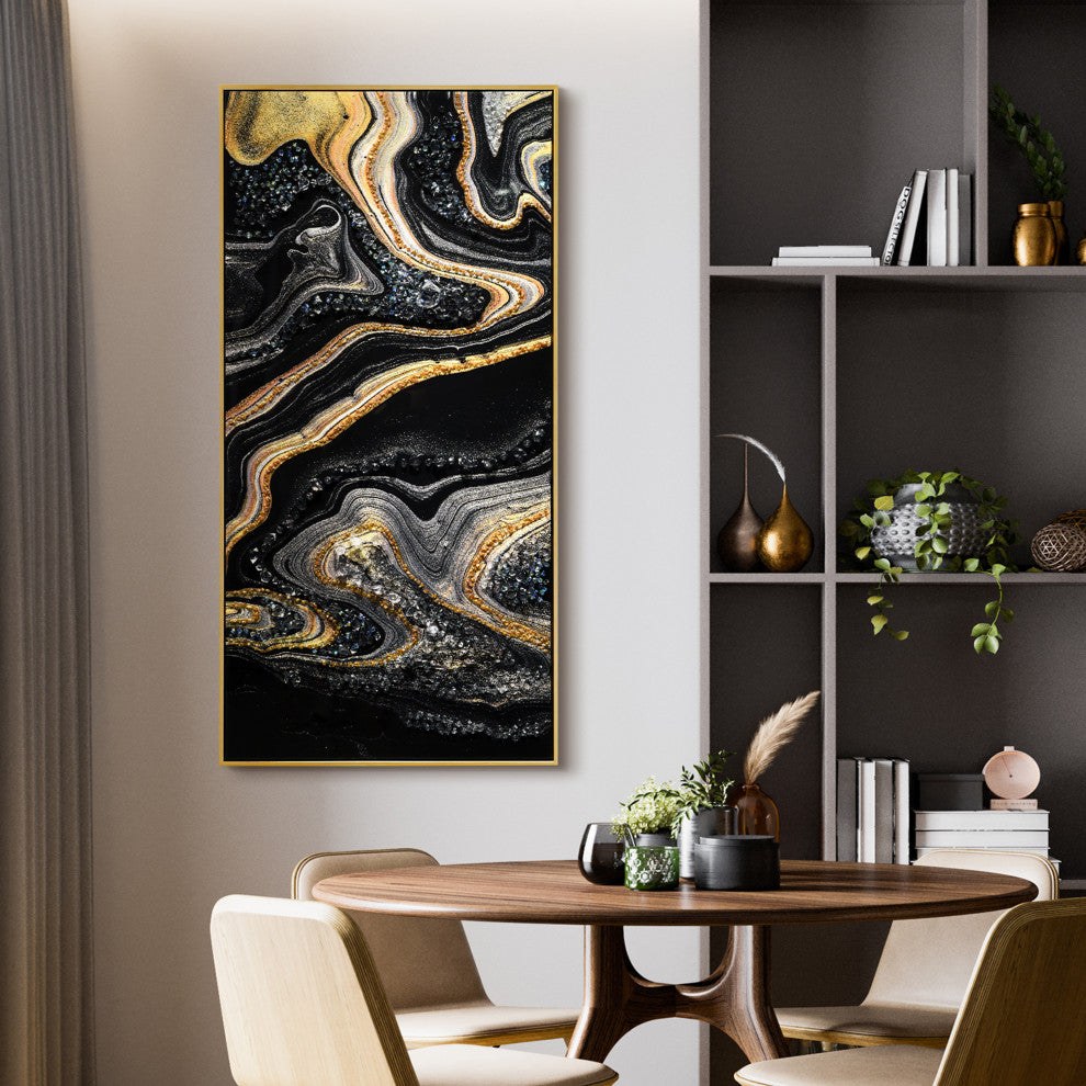 Golden Veins I Crystallus Epoxy Coated Wrapped Framed Abstract Canvas Wall Art