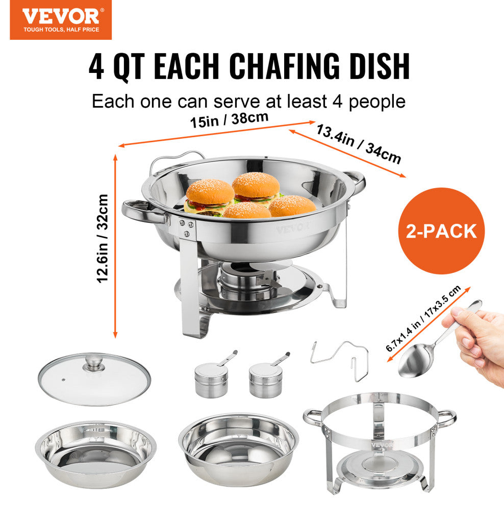 VEVOR 2-Pack Round Chafing Dish Set With Full-Size 4Qt Pan Glass Lid Fuel Holder