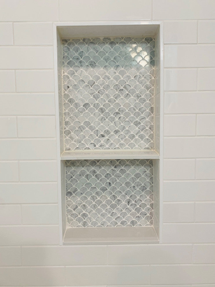Carrara White Marble Fish Scale Dragon Scale Fan Mosaic Tile Polished, 1 sheet
