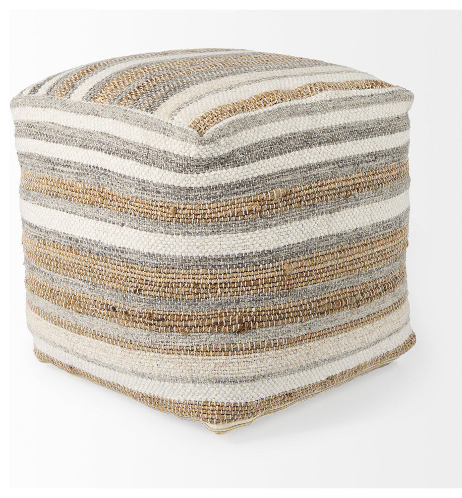 Aahana 16.0Lx16.0Wx16.0H White/Taupe/Gray Striped Hemp and Cotton Pouf